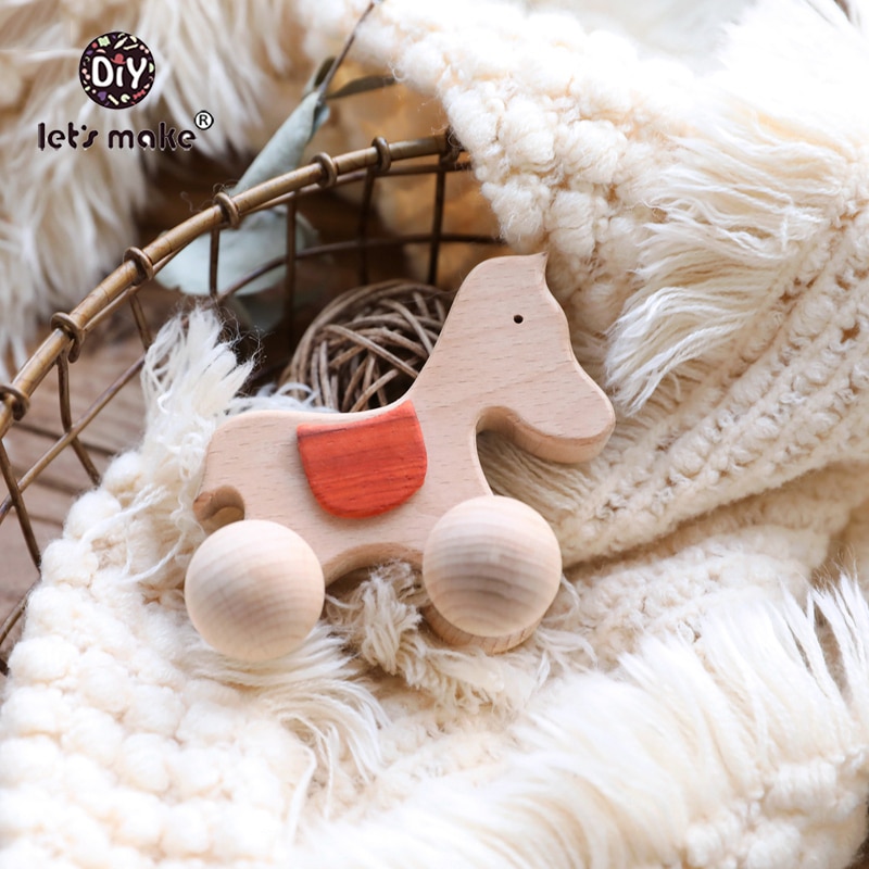 Laten we 5pcs Houten Baby Speelgoed Hond Auto Gym Hout Dier Rammelaars Paard Auto Houten Bijtring Animal Kids speelgoed