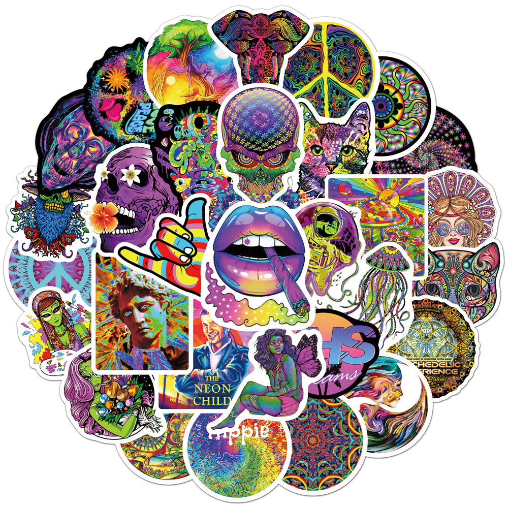 50Pcs Stoner Psychedelic Stickers Vinyl Waterproof Trippy Stickers Dazzling Decals DIY Stickers Scrapbooking Phone Sticker