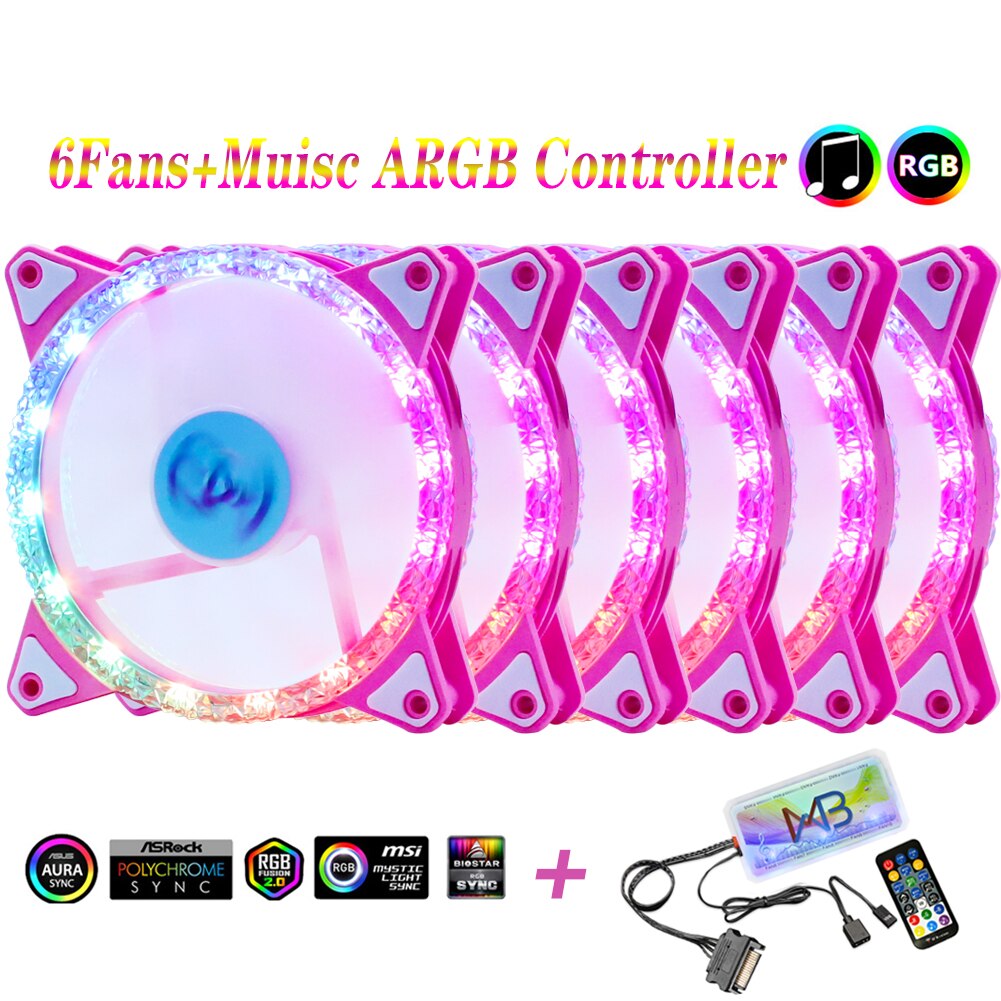Wovibo-Ventilador silencioso con carcasa LED RGB , Enfriador de CPU de 120mm, Aura Sync, 12V, PWM, 6 pines, Diamante rosa: 6Fans With Music