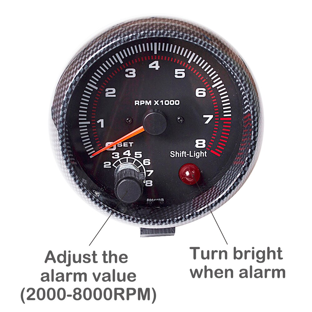 Tacómetro de 3,75 pulgadas y 95mm para coche, medidor LED de Color blanco, calibre automático de 12V [fibra de carbono o Color negro] TAC 0-8000 RPM