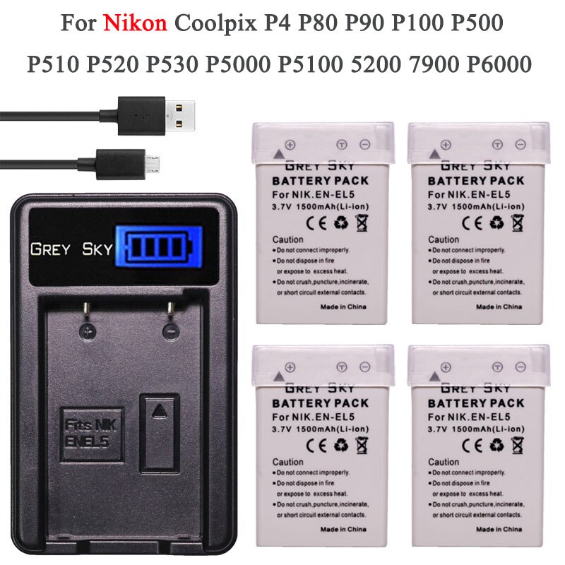 3.7v 1500 mah en -el5 en el5 enel 5 batteri + lcd usb-oplader til nikon coolpix  p530 p520 p510 p100 p500 p5100 p5000 p6000: Pakke 4