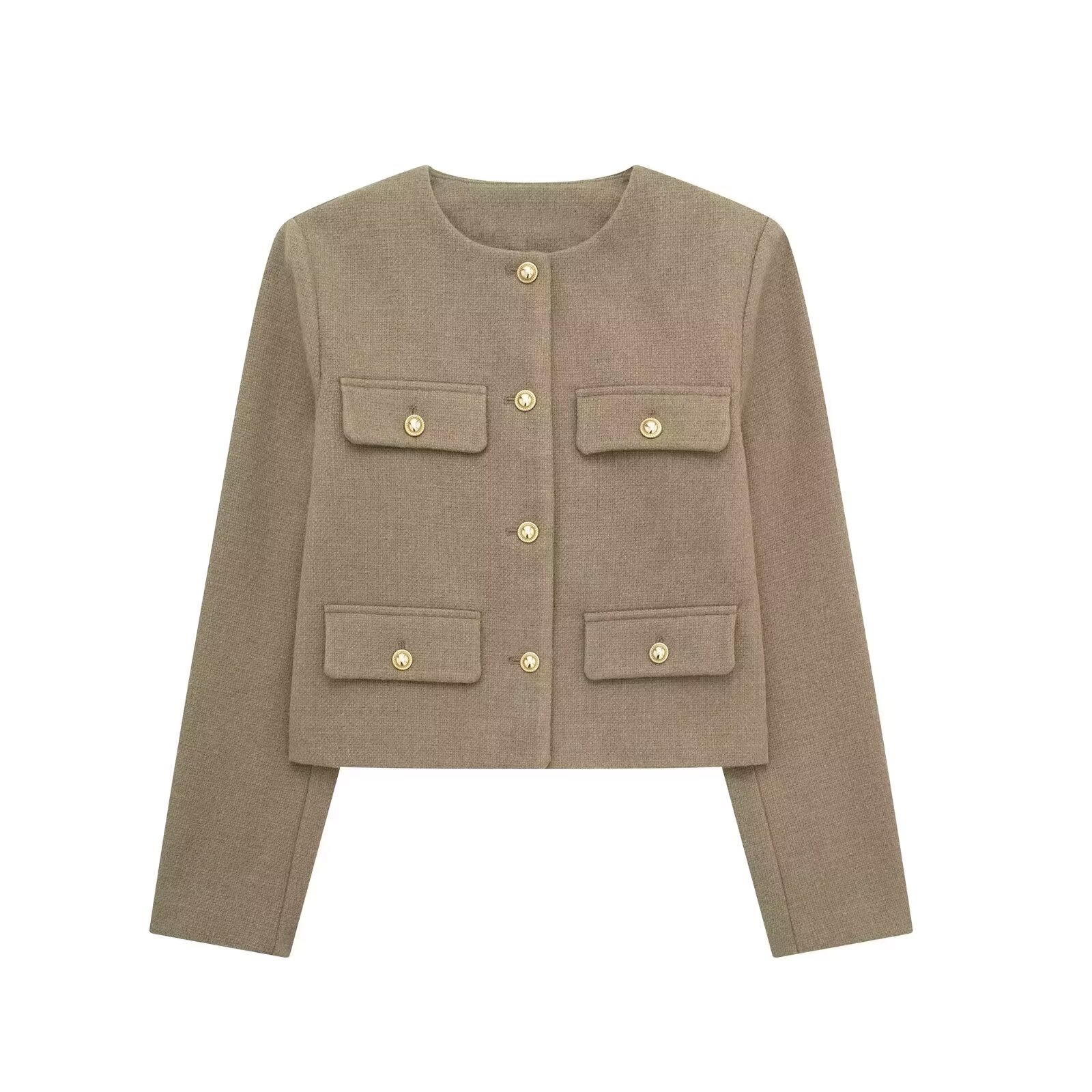 TRAFZA Giacca corta elegante da donna 2024 Giacca moda da donna O-Collo a maniche lunghe con tasca ribalta Cappotto femminile Casual Outwear Top: M / Brown