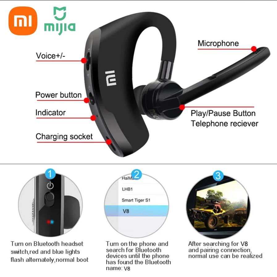 Xiaomi V8 Driver Wireless Bluetooth con microfono HD Auricolari stereo per chiamate HD vivavoce aziendali