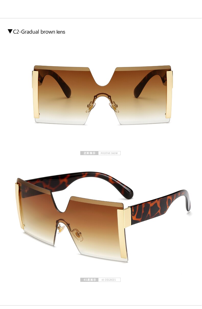 Oversized Square Rimless Sunglasses Women Brand Flat top Big Sun Glasses Female One Piece Travel Gafa de sol 6931: C2 gradual brown