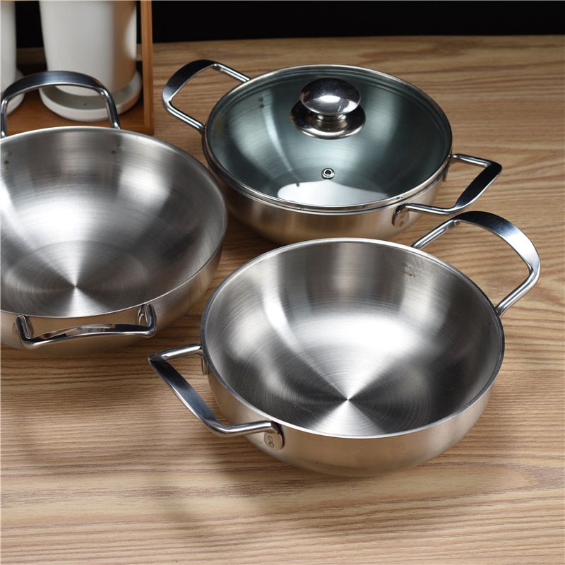 Koreansk oljesparende stekepanne husholdnings mini frityrkoker doble ører liten tørr gryte gryte restaurant suop gryterett panne glass lokk lokk