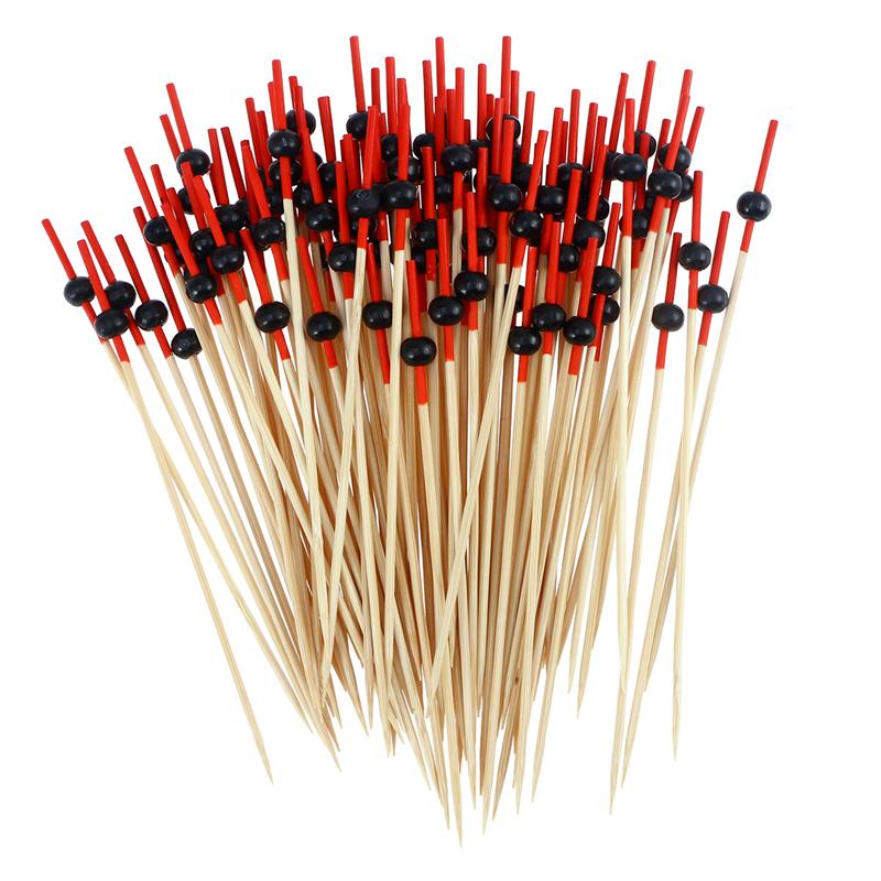 Palillos de madera desechables para comida, palillos de 12cm para cóctel, aperitivo y bebida, palitos de madera para mesa de , 100 Uds.: Black Round Beads