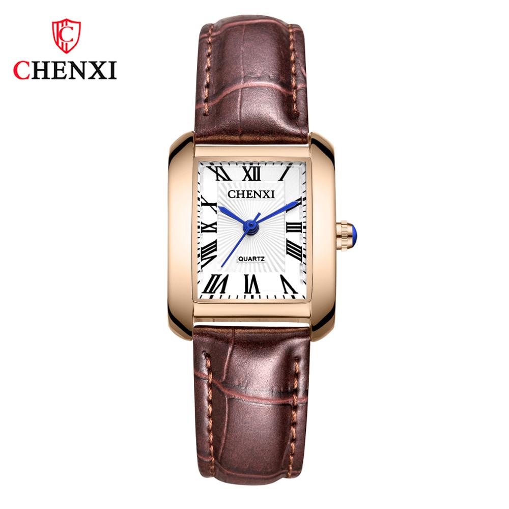 Luksus mærke chenxi mænd kvinder casual quartz ure retro firkant romertal minimalisme læderrem kjole ur: Kvinder hvide