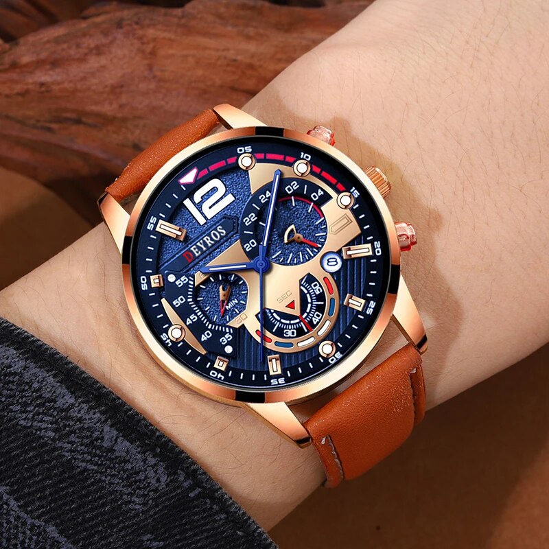 2 Stück einstellen Herren Kalender Uhren Luxus männlich Geschäft lässig braun Leder Quarzuhr Männer Armbinde Armbanduhr