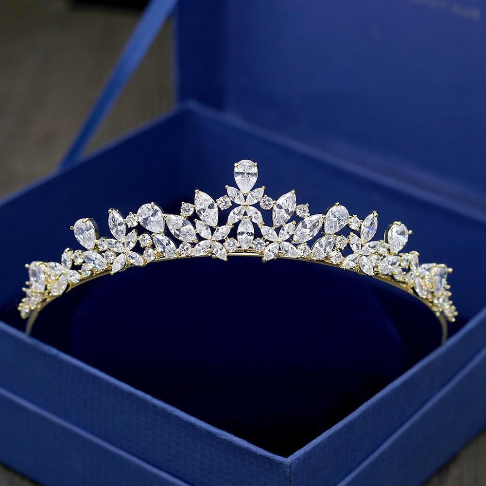 Alberi rossi accessori per capelli da sposa di marca scintillante AAA zircone cubico colore oro diademi e corone da sposa diademe couronne mariage