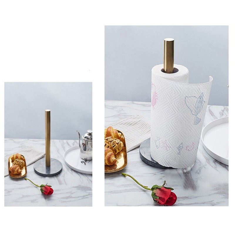 Nordisk retro stil naturlig marmor forgyldt køkkenpapir håndklædeholder rulleholder desktop smykker opbevaringshylde hvid + guld