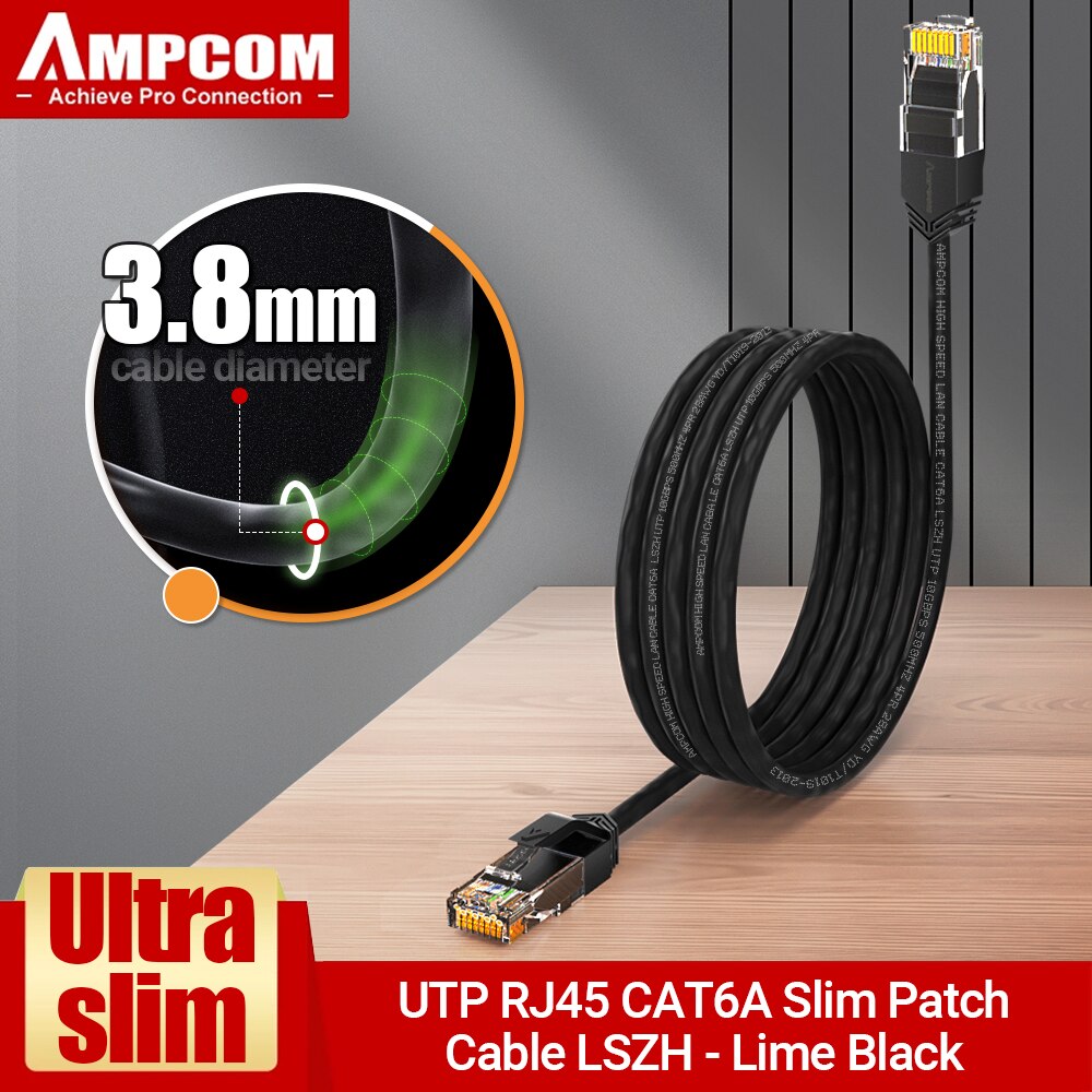 AMPCOM Ultra Slim Cat6a Network Cable, 3.8mm LSZH UTP RJ45 LAN Internet Network High Speed Cables Wire for Router Modem PC: black / 20m