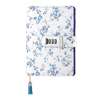 Kawaii A6 Korean lock leather notebook writing pads flower girl loose leaf password mini lockable diary school supplies: normal button blue / Cover with paper