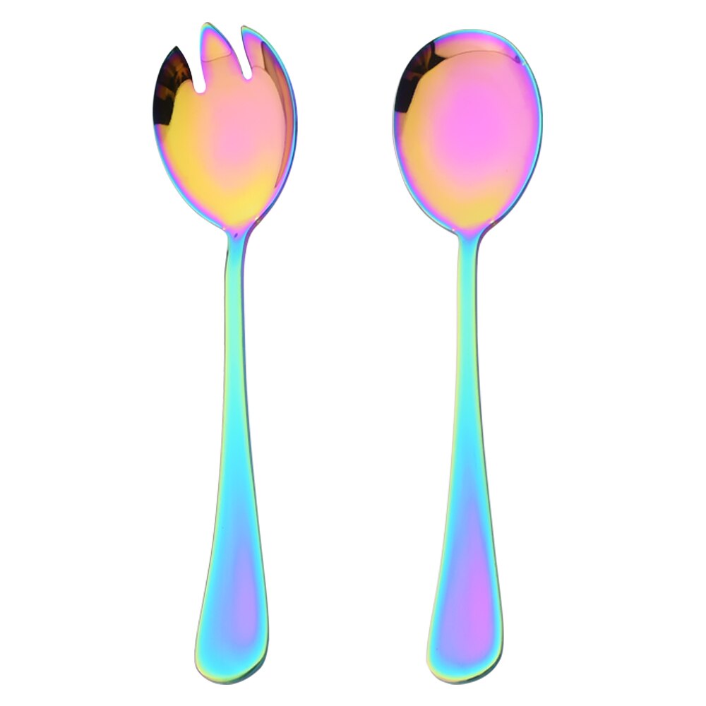 2Pcs Rose Stainless Steel Cutlery Set Salad Spoon Fork Dinnerware Set Salad Spoon Serving Spoon Fork Set Kitchen Unique Spoons: Rainbow
