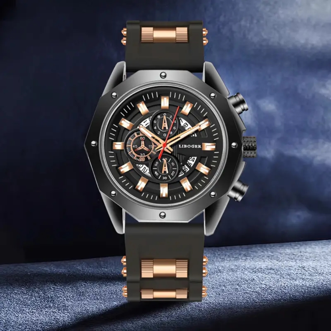 Heren sporthorloge mode siliconen band quartz horloges met datumkalender: Rose