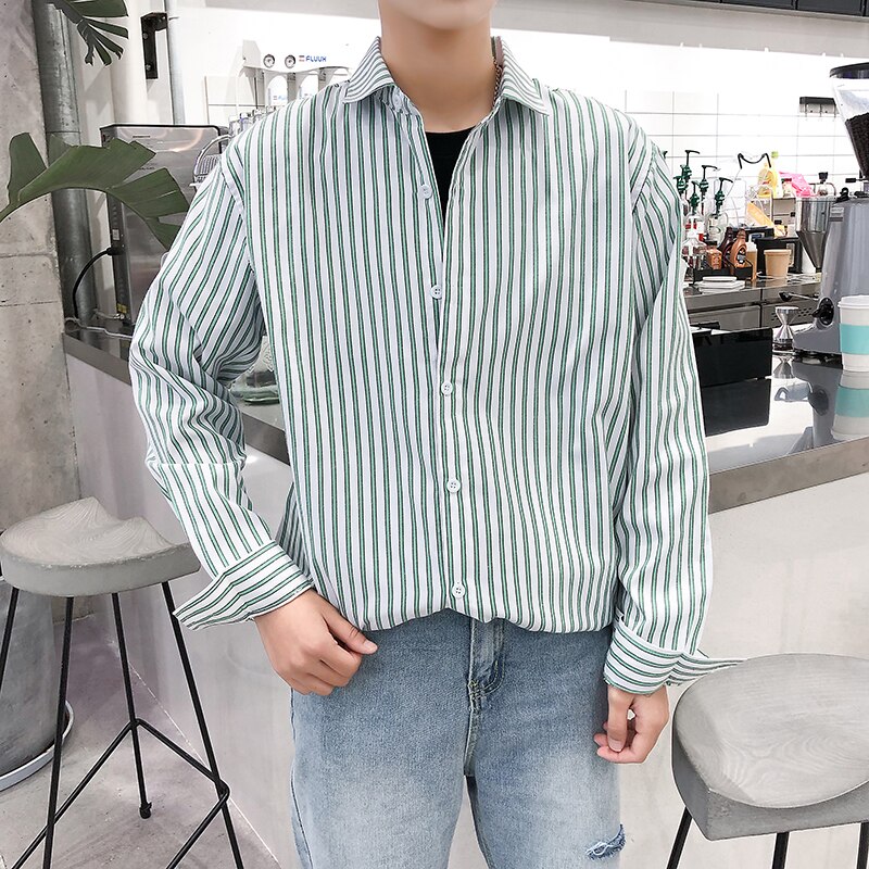 Skjorter herre stribet langærmet skjorte herre casual slim fit turn-down krave komfortabel koreansk stil simpelt mænd ulzzang tøj: Grøn / L