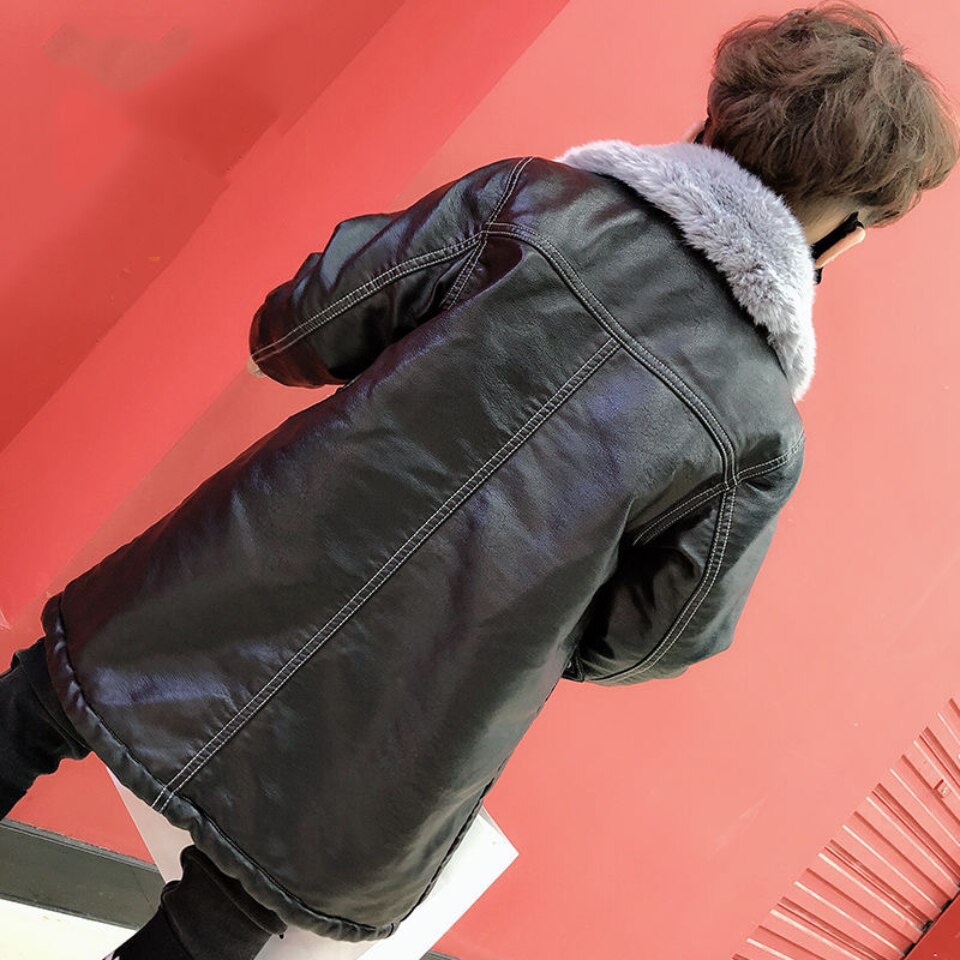 Kids Coats Boys Autumn Winter Black Color Jacket Coats Fur Collar Warm Faux Leather Thicken Outwear For 3 4 6 8 10 12 14Yrs