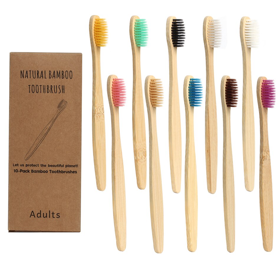 10 Pack Toothbrush Eco Friendly Bamboo Soft Fibre Toothbrush Teeth Brush Solid Bamboo Handle Biodegradable: Random color 10