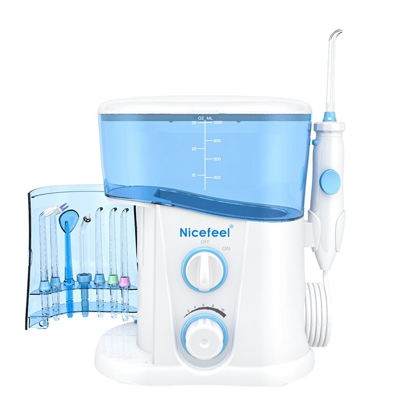 Nicefeel Water Flosser Oral Irrigator Teeth Cleaner 1000ML Big Water Tank with 7 Multifunctional Tips EU Plug: Blue