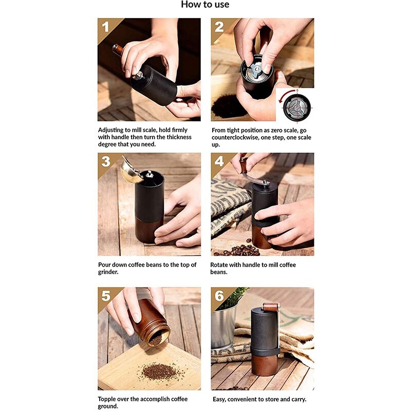 Handmatige koffiebonenmaler, mini houten juglans nigra roestvrijstalen molen draagbare reiskoffie