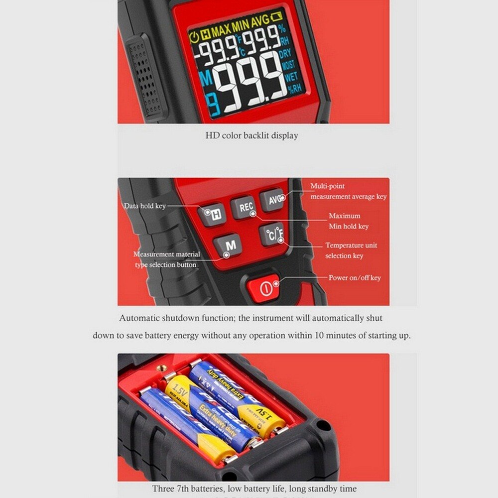 HT632 Digital Wood Moisture Meter Sharp Embedded Probe Wooden Hygrometer Humidity Tester 0-99.9% RH Hand-held Measuring Tools