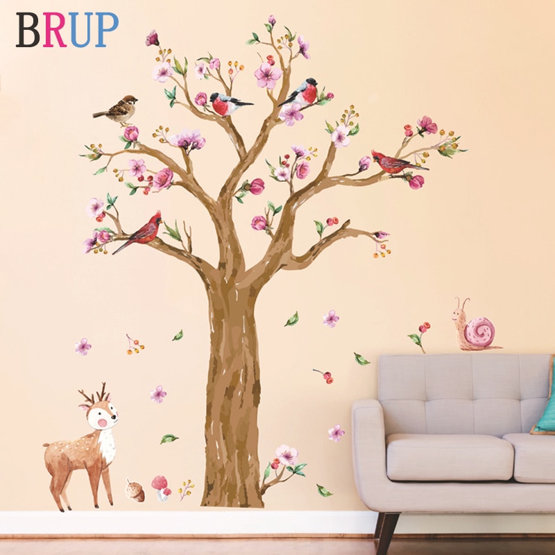 145*170 Cm Cartoon Dieren Boom Muur Sticker Voor Kinderkamer Handgeschilderde Aquarel Vogels Herten Wallpapers Mooie Bloem muurtattoo