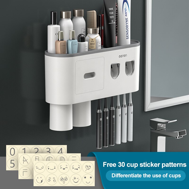 Bathroom Magnetic Adsorption Inverted Toothbrush Holder Wall -Automatic Toothpaste Squeezer Storage Rack Bathroom Accessories: Gray with 2cups