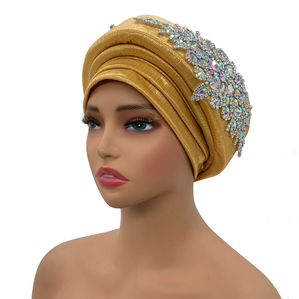 Luxus Strass Turban Hütte für Frauen Afrikanische wickeln Kopf Kopfbedeckung Nigeria Auto Gele Headtie Turbante Mujer: Licht Kaffee