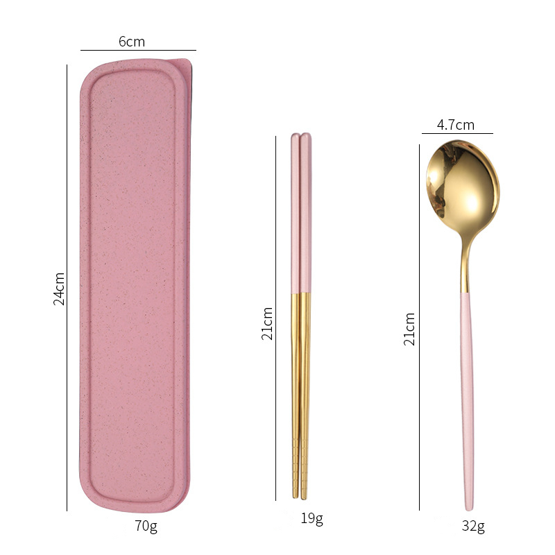 Stainless Steel Dinner Tableware Set Cutlery Knife Fork Spoon Dinnerware Set With Box Tools Travel Tableware Set: 2Pcs Pink Gold