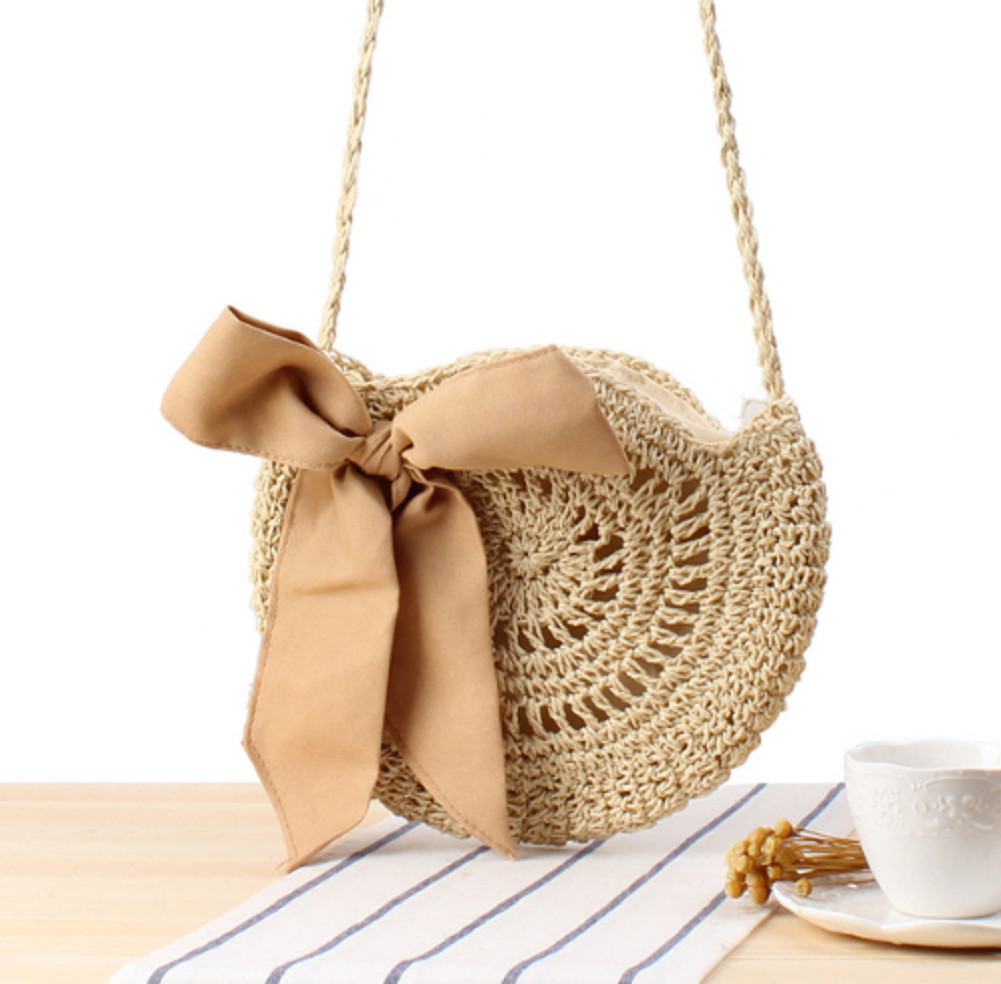 Women Bag Handmader Rattan Straw Bag For Woven Round Handbag Lovely Crossbody Summer Travel Beach Bag: Beige