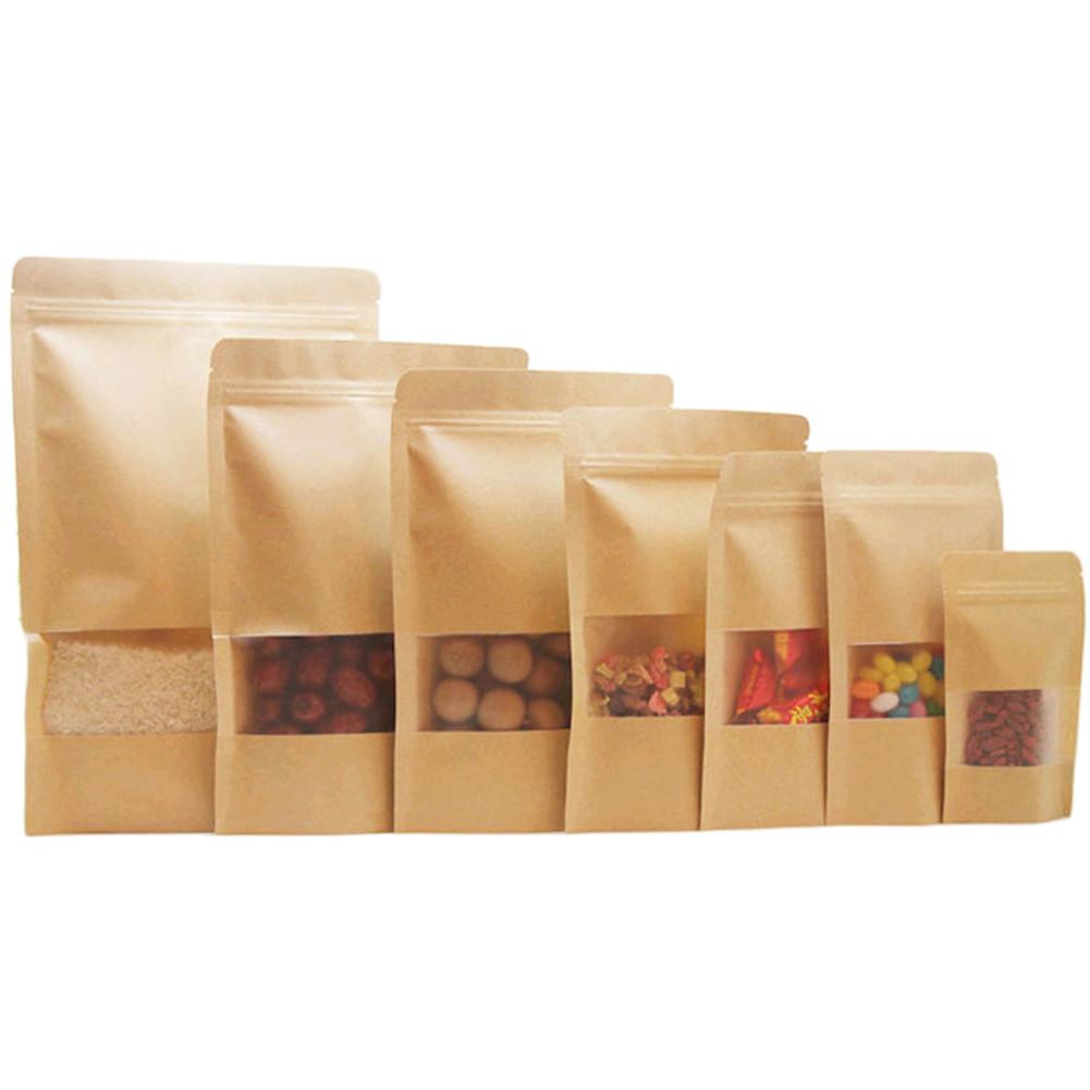 Bolsa Ziplock de papel Kraft de 10 Uds. Para frutos secos, frutas y alimentos, embalaje de ventana para bolsas de , bolsas reciclables para pan o fiestas