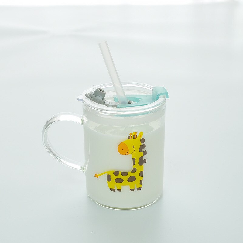 250ML Children Cartoon Cute Animal Pattern Glass Learn To Drink Cup with Straw Lid Milk Drink Mug Heat Resistant Safety Coffee: deer Set