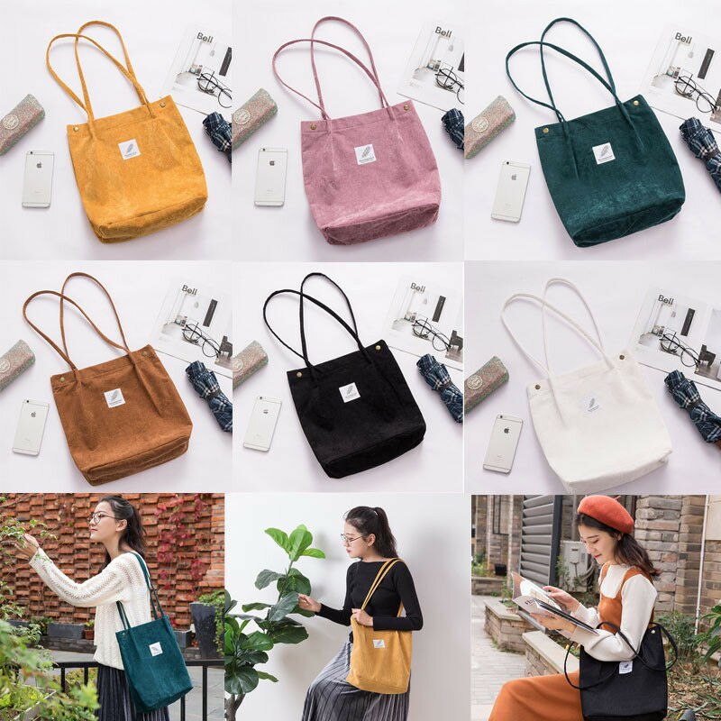 Women Canvas Tote Shopping Bags Large Capacity Handbag Corduroy Casual Ladies Shoulder Hasp Shopping Bag