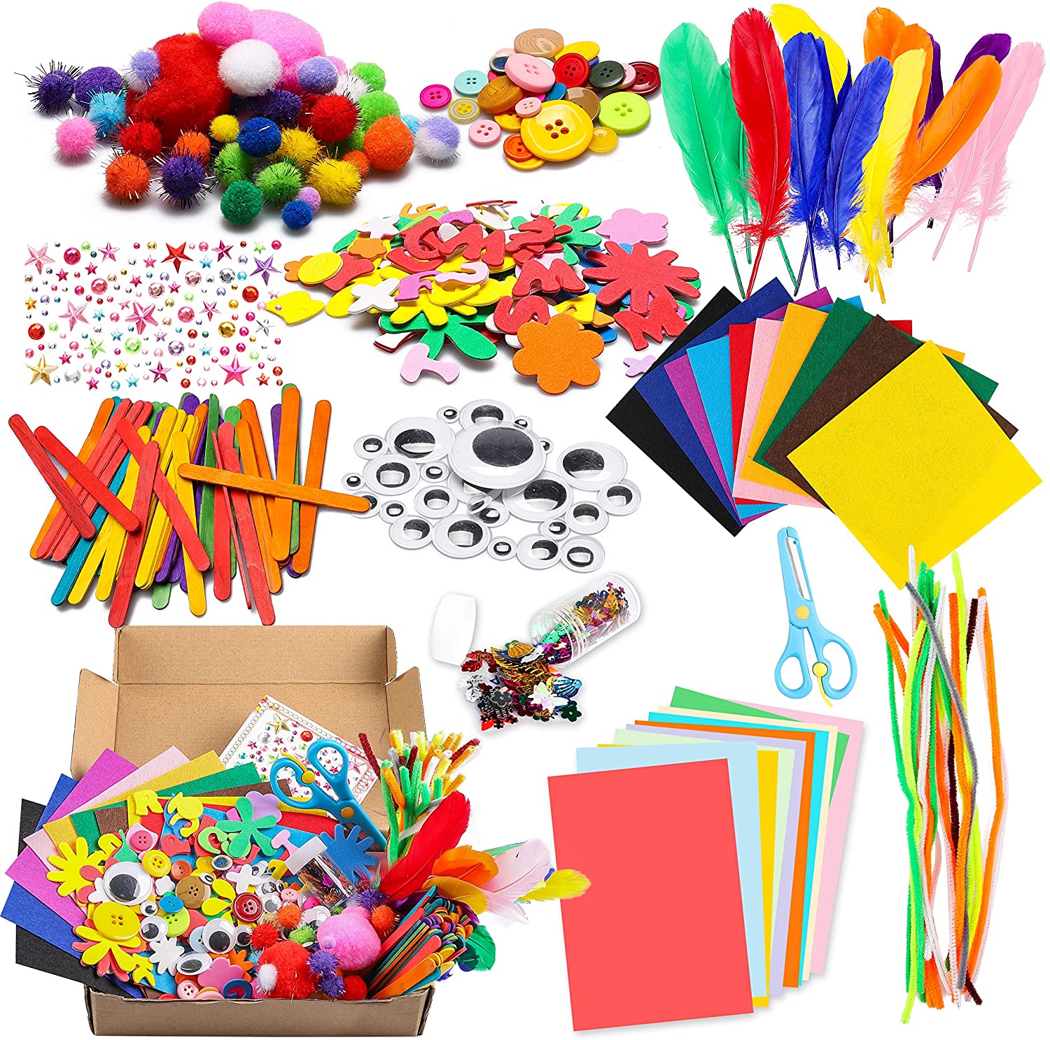 DIY Art Craft Sets Supplies 1000Pcs for Kids Toddlers Modern Kid Crafting Kits Include Colour Felt Glitter Poms Feather Buttons