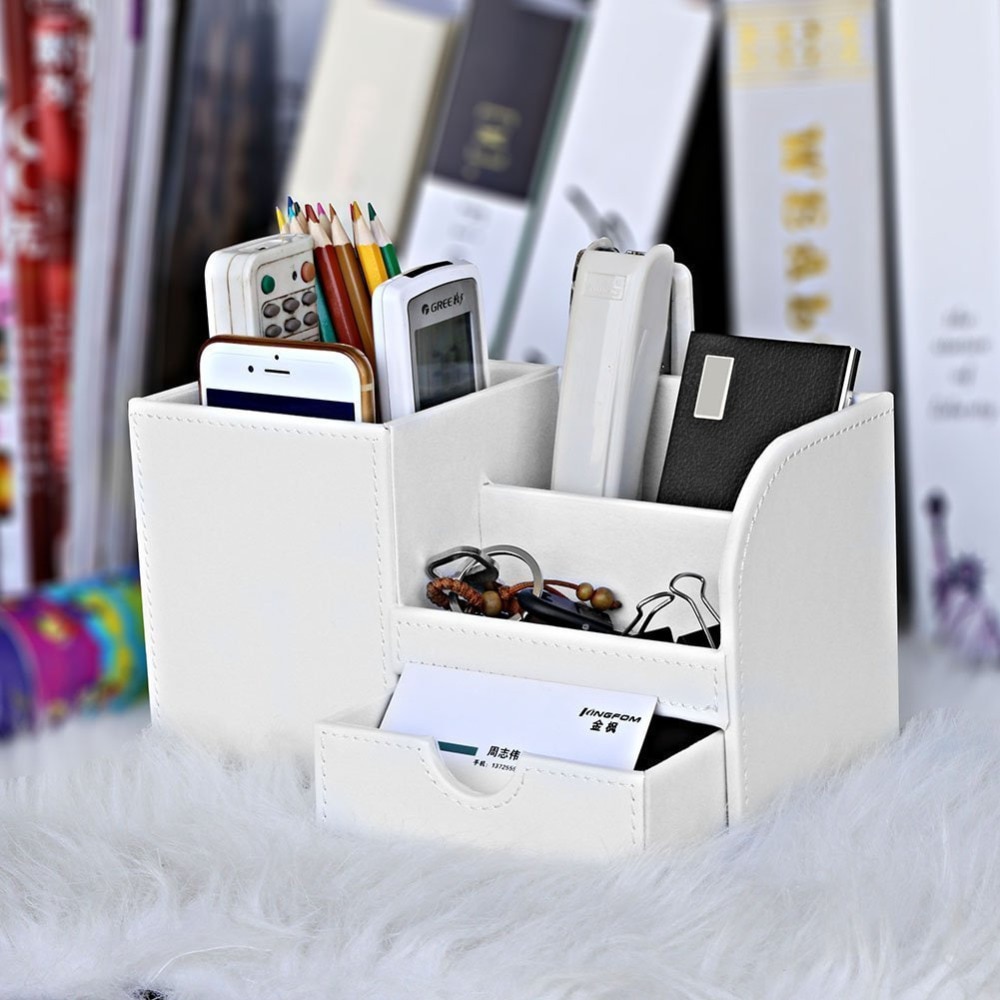XRHYY White 3 Storage Compartments PU Leather Office Desktop Organizer Stationery Box Collection Business Card/Pen/Pencil