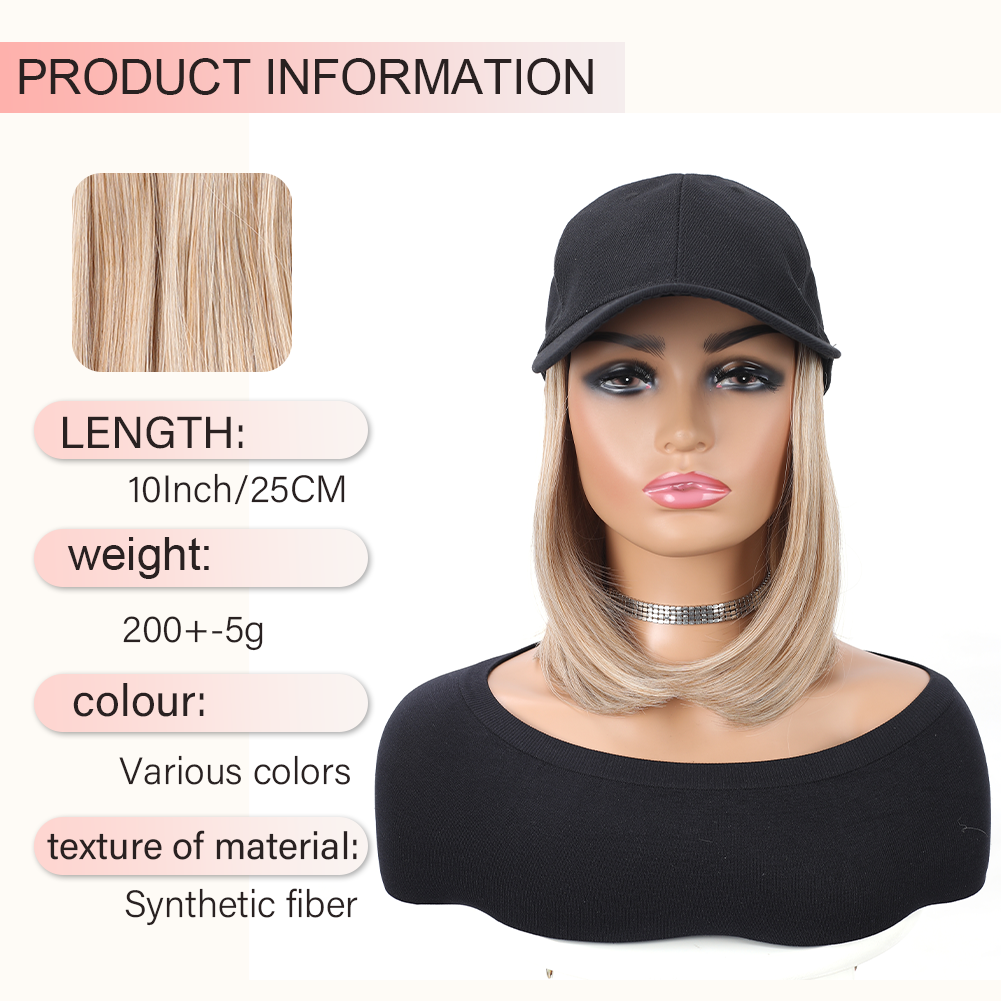 Boné de beisebol com extensões de cabelo sintético, liso, curto, bob, penteado ajustável, removível, peruca, chapéu, 10 polegadas, para mulher e menina