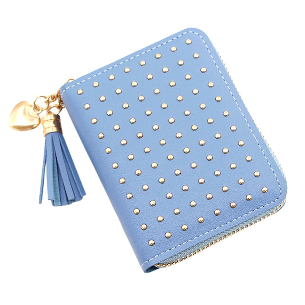 Kwastje Portemonnee Vrouwen Kleine Leuke Portemonnee Leer Klinknagel Vrouwen Portefeuilles Rits Portemonnees Portefeuillesubsidies Vrouwelijke Clutch Cartera Mujer: Sky Blue