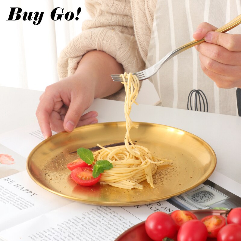 4Colors Stainless Steel Tableware Dinner Plate Food Container Salad Dessert Fruit Services Dish Western Steak Round Dessert Tray