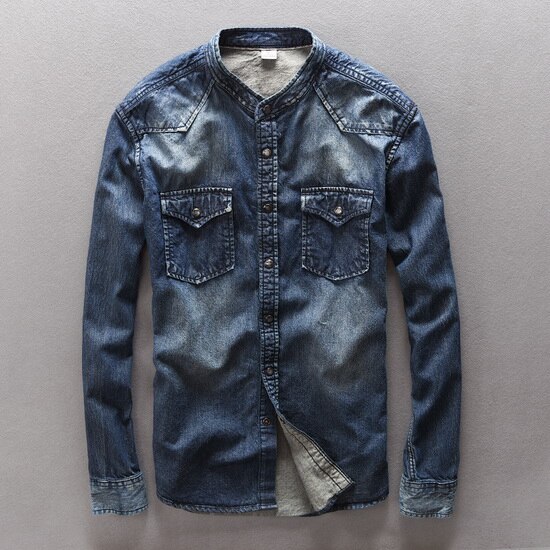 Katoenen denim overhemd heren merkkleding mandarijn kraag overhemd heren retro wassing donker slim fit heren overhemd casual camisa masculina: Blauw / Xxl