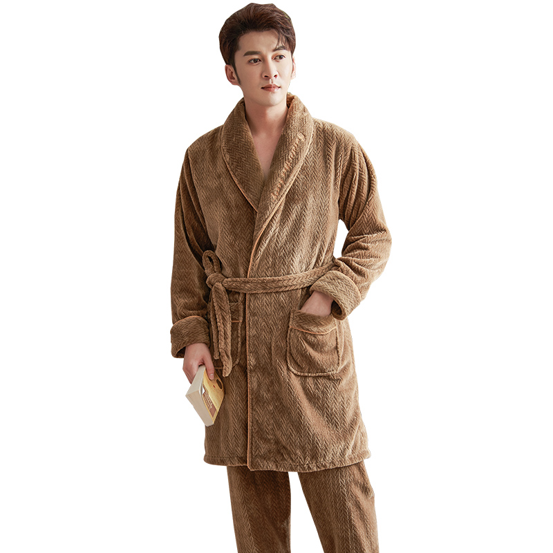 Dikke Warme Flanel Robe + Broek 2Pc Winter Fall Mannen Pyjama Pak Coral Fleece Kleed Set Volledige Mouw Nachtkleding mannen Pijamas Homewear: LX-71072 Coffee / M