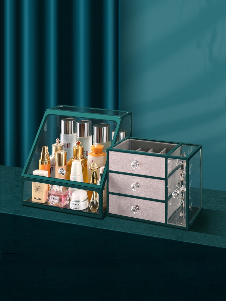JOYBOS Storage Box Large-Capacity Dressing Table Glass Drawer Cosmetics Skin Care Products Dust-Proof Storage Rack With Lid JX22
