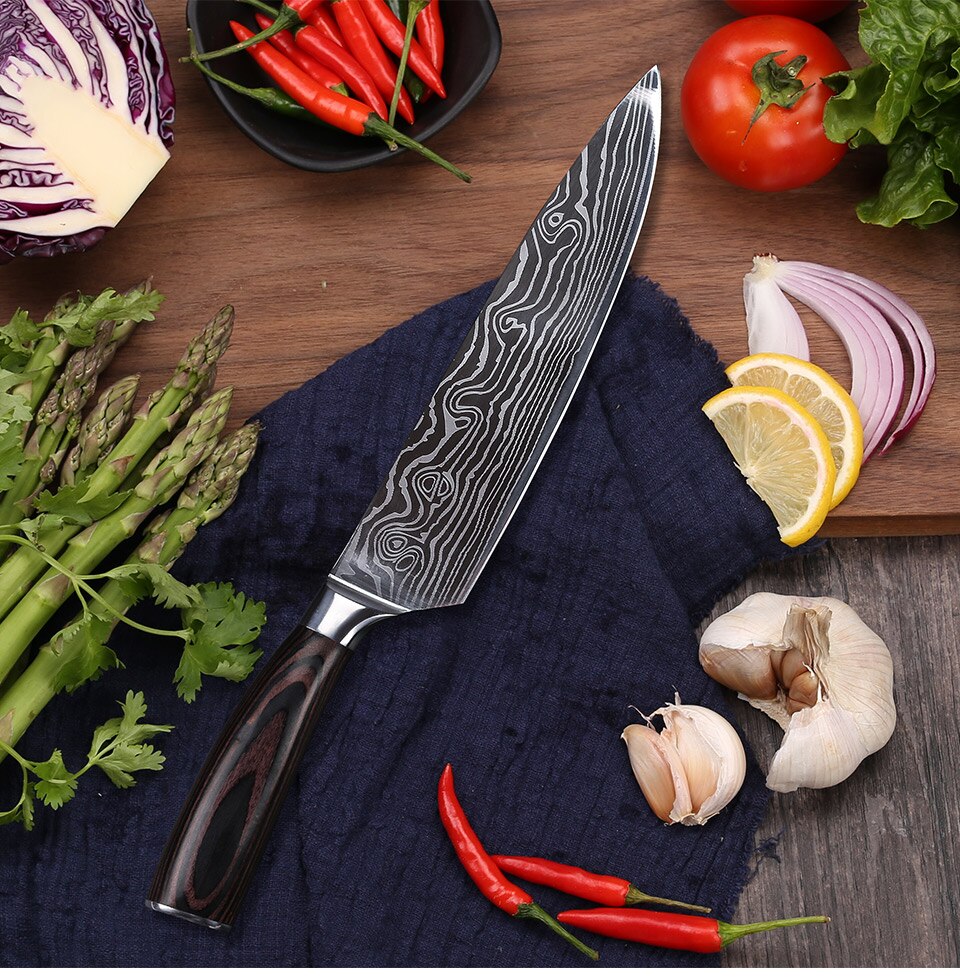 TURWHO 8 inch kitchen knives Imitation Damascus pattern chef knife Sharp Cleaver Nakiri Knives Utility Knives tools