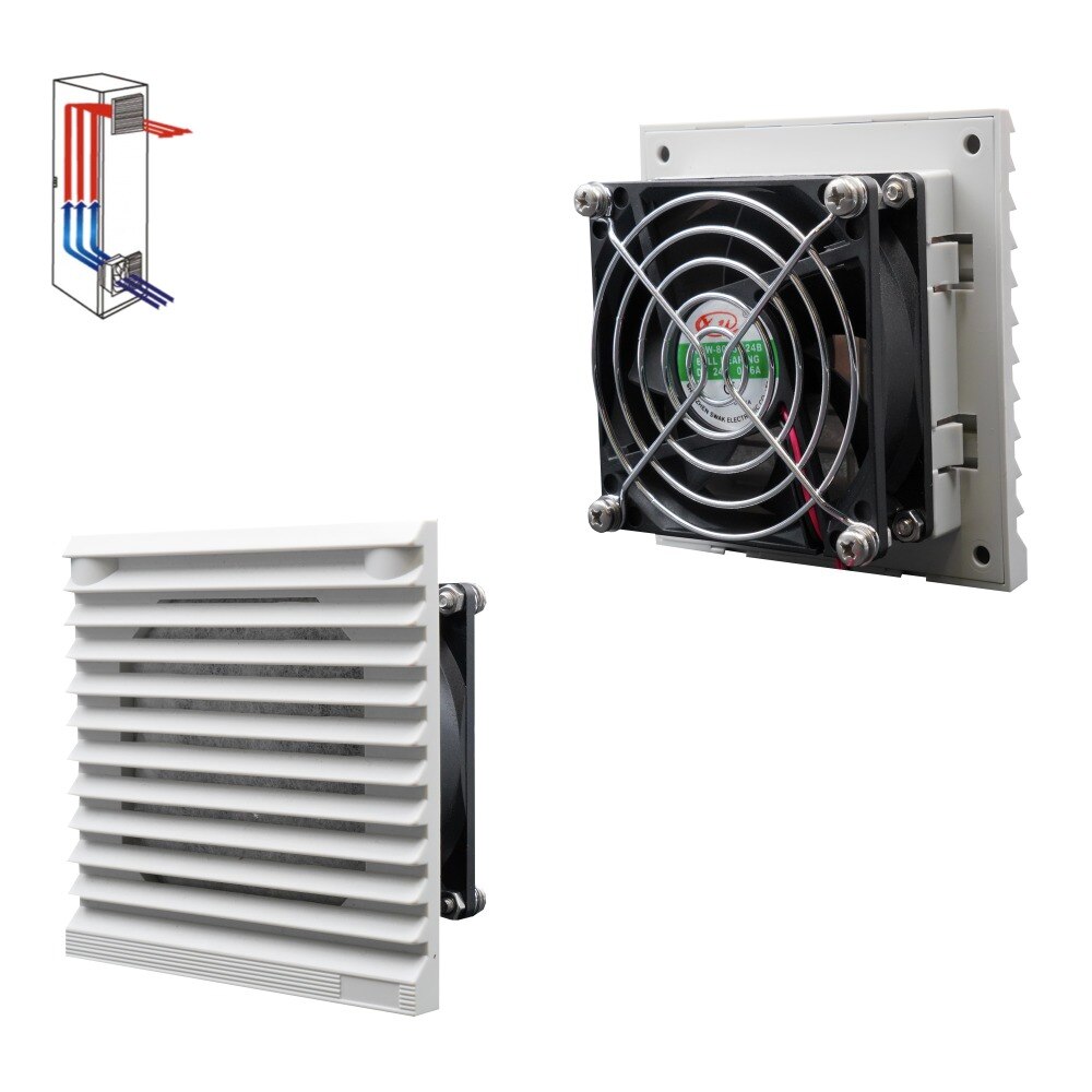 DC24V 106mm ventilator filter met metal finger guard en 80mm 8 cm 8025 koelventilator RAL7035 FK6620.024