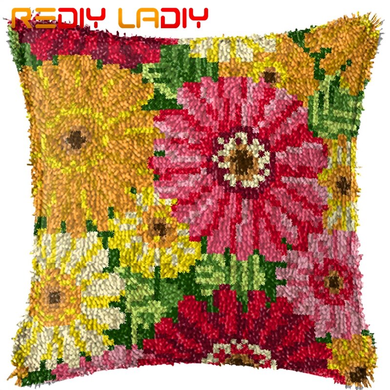 Klink Haak Kussen Kleurrijke Bloemen Kussensloop Pre-Gedrukt Kleur Canvas Acryl Garen Latched Haak Kussen Gehaakte Kussenhoes: BZ792