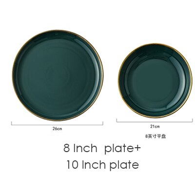 Standskål middagsfad grønt keramiske fade og tallerkner sæt guld indlægstallerken bøf mad tallerken lår porcelæn spisestel sæt: 8 og 10 tommer