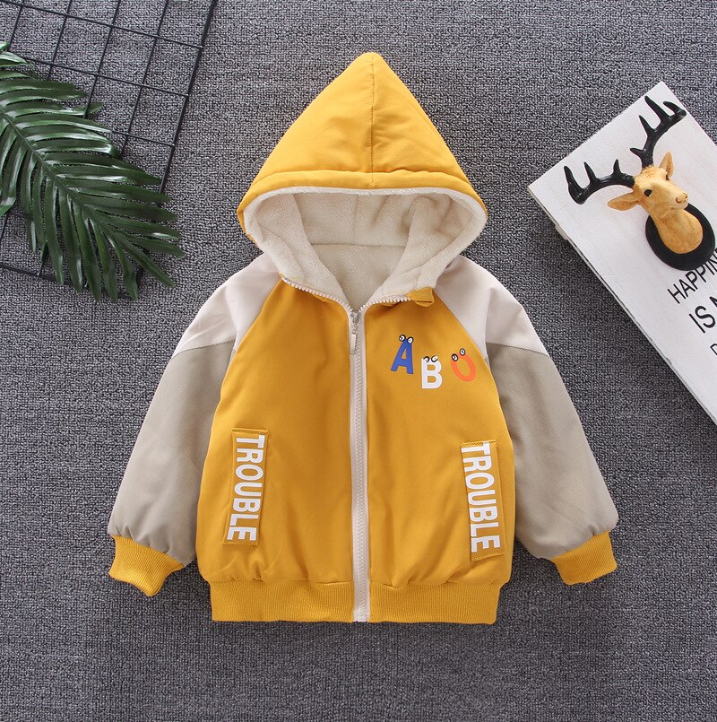 Baby Boy Bovenkleding Jongen Herfst En Winter Plus Fluwelen Gewatteerde Jas Baby Jongen Kleuraanpassing Letters Katoen Warm Casual Katoen jas: YELLOW / 2T