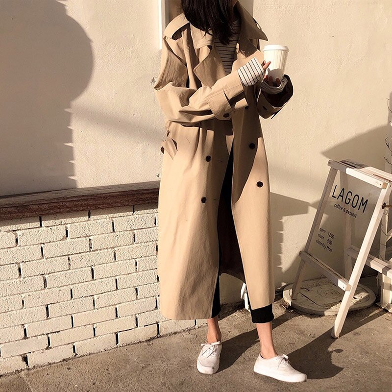 Trench-coat croisé pour femme avec ceinture, coupe-vent ample et long, vêtement d'extérieur chic pour femme, style coréen, collection printemps fy: Kaki / M