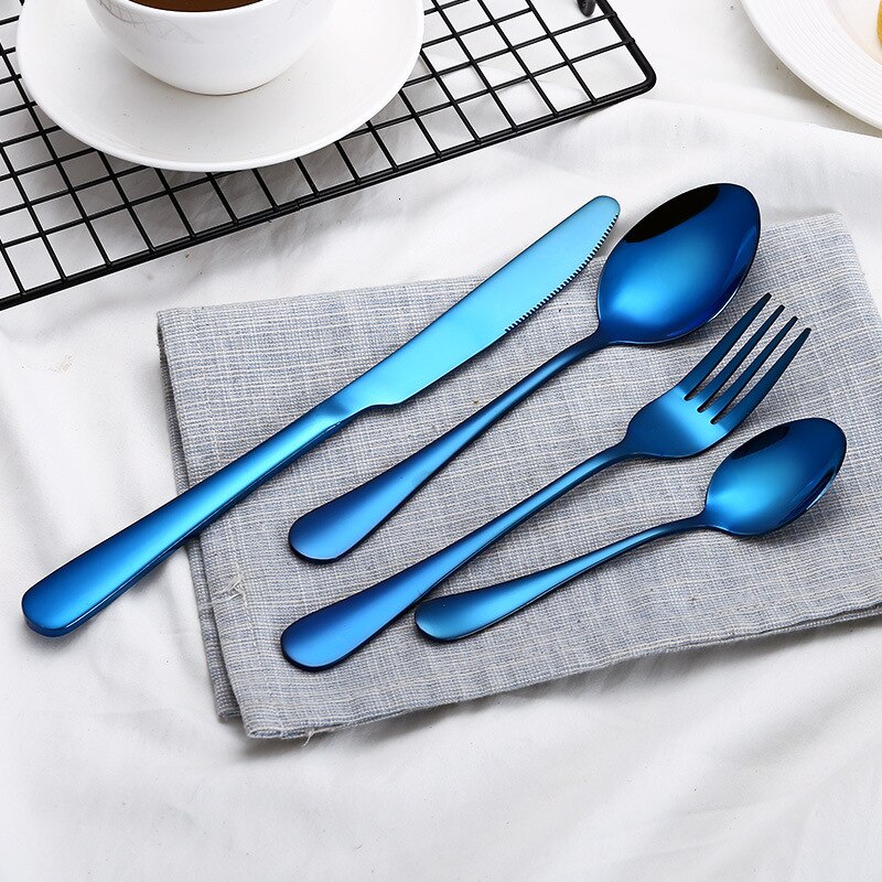 Black Gold Cutlery Set 18/10 Stainless Steel Fork Spoon Knife Set Mirror Tableware Set Portable Kitchen Spoon Silverware Set: blue