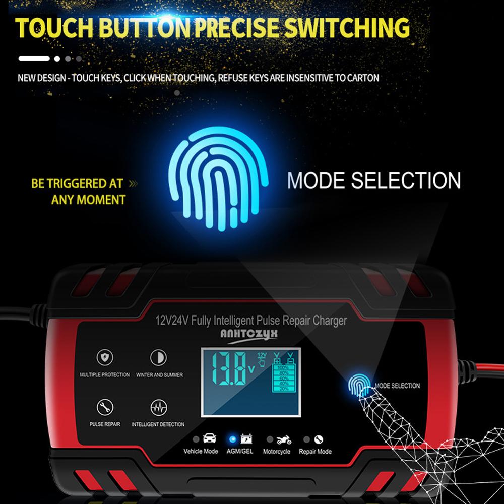Bil batterilader 12/24v 8a berøringsskjerm pulsreparasjon lcd batterilader for bil motorsykkel blysyre batteri agm gel våt