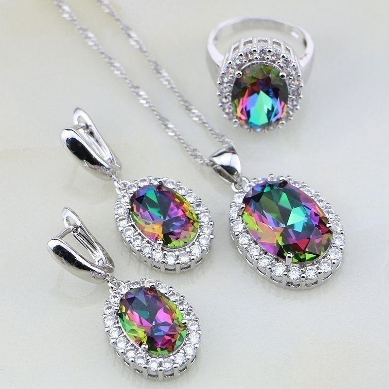 Rainbow Mystic Fire for Women Wedding Necklace Pendant Bracelet Ring Set Jewelry