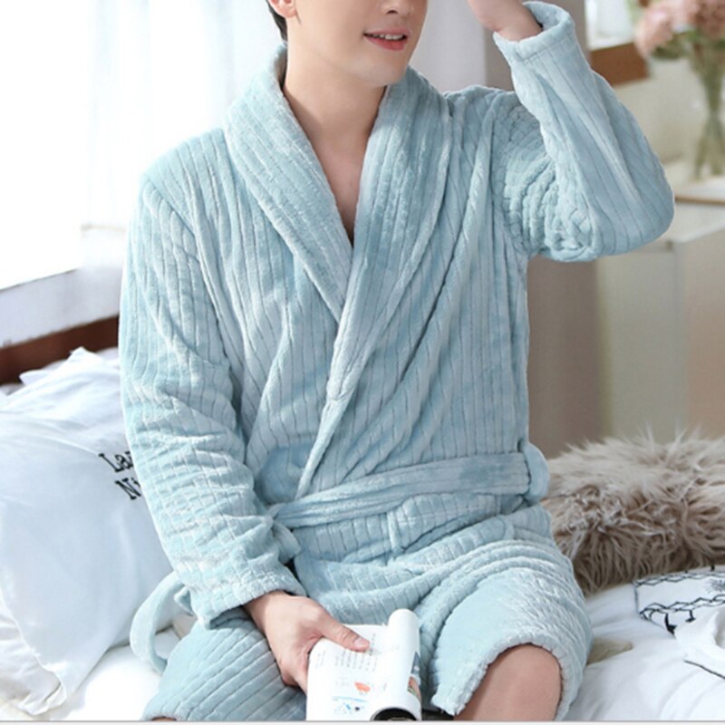 Men Casual Wine Red Kimono Bathrobe Autumn Winter Flannel Long Robe Thicken Warm Soft Sleepwear Nightgown Male Casual Home Wear